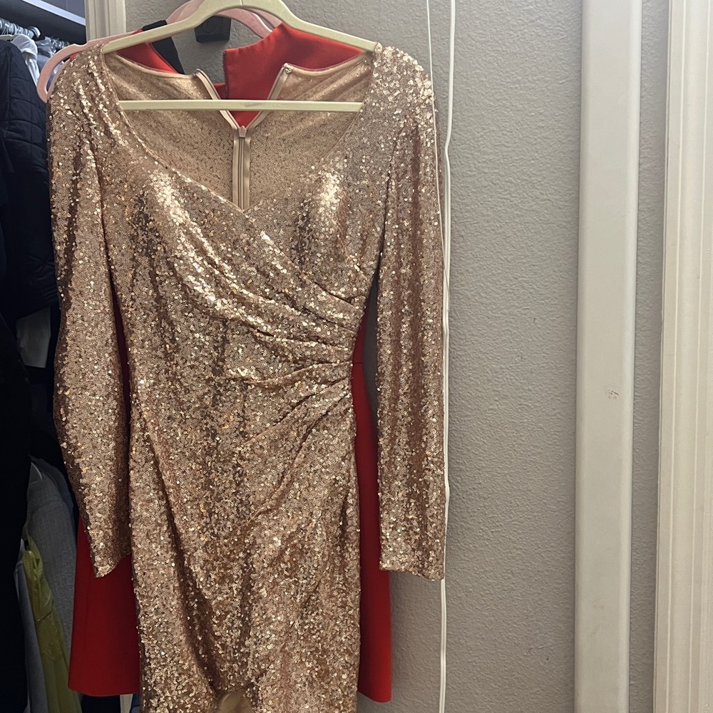 Long-Sleeve Sequin Cocktail Dress in Rose Gold